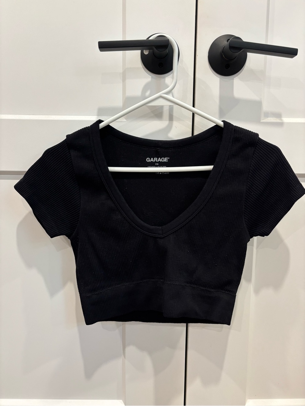 Garage Black Ribbed V-Neck Short Sleeve Crop